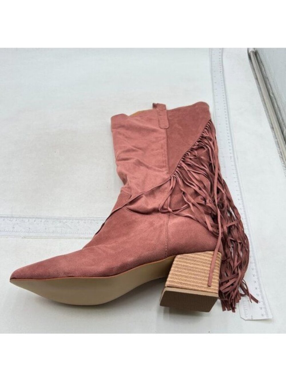 Women's Pointed Toe Calf Boots Chunky Block Heel Side Tassel Western Booties Red